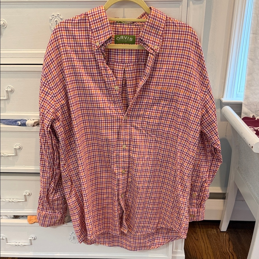 Orvis Men's Pink and Blue Checked Button-Down Shirt